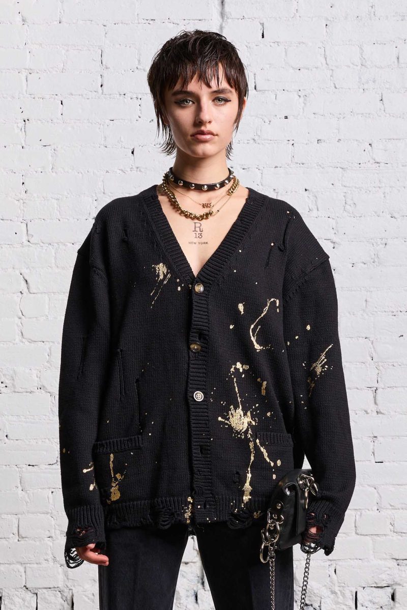 r13 boyfriend cardigan gold splattered black 38642264637609