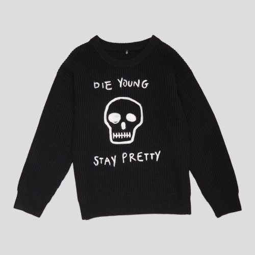 r13 die young boyfriend sweater black with needle punched graphic 40114185568425