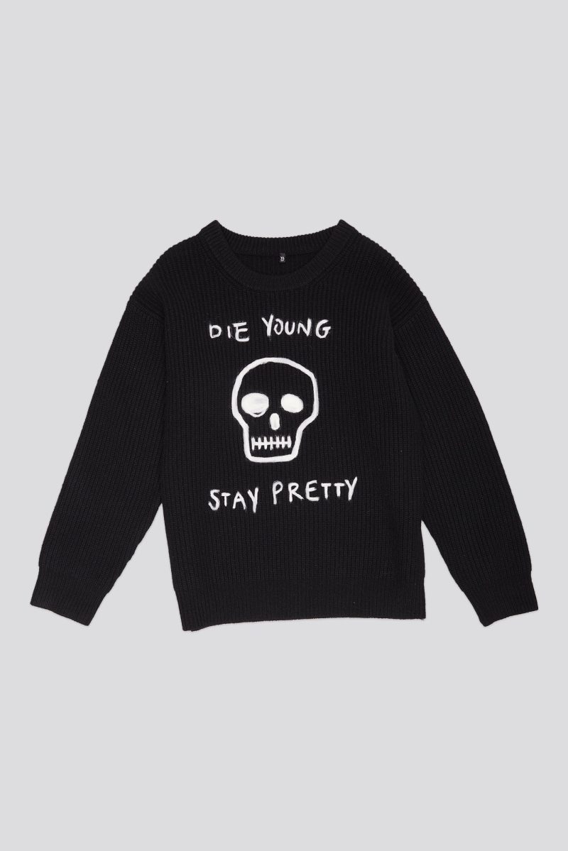 r13 die young boyfriend sweater black with needle punched graphic 40114185568425