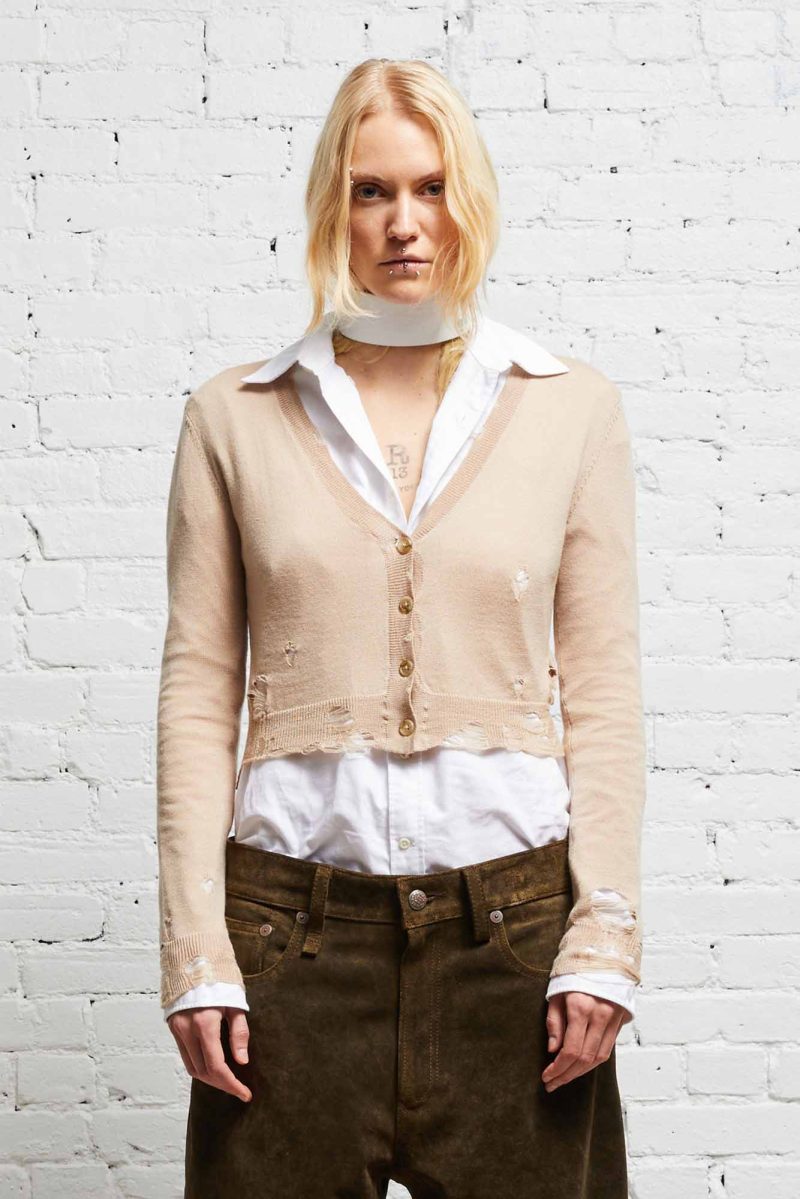 r13 distressed baby cardigan tan 38017624244393