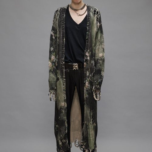 r13 distressed long cardigan bleached black floral 39770526154921