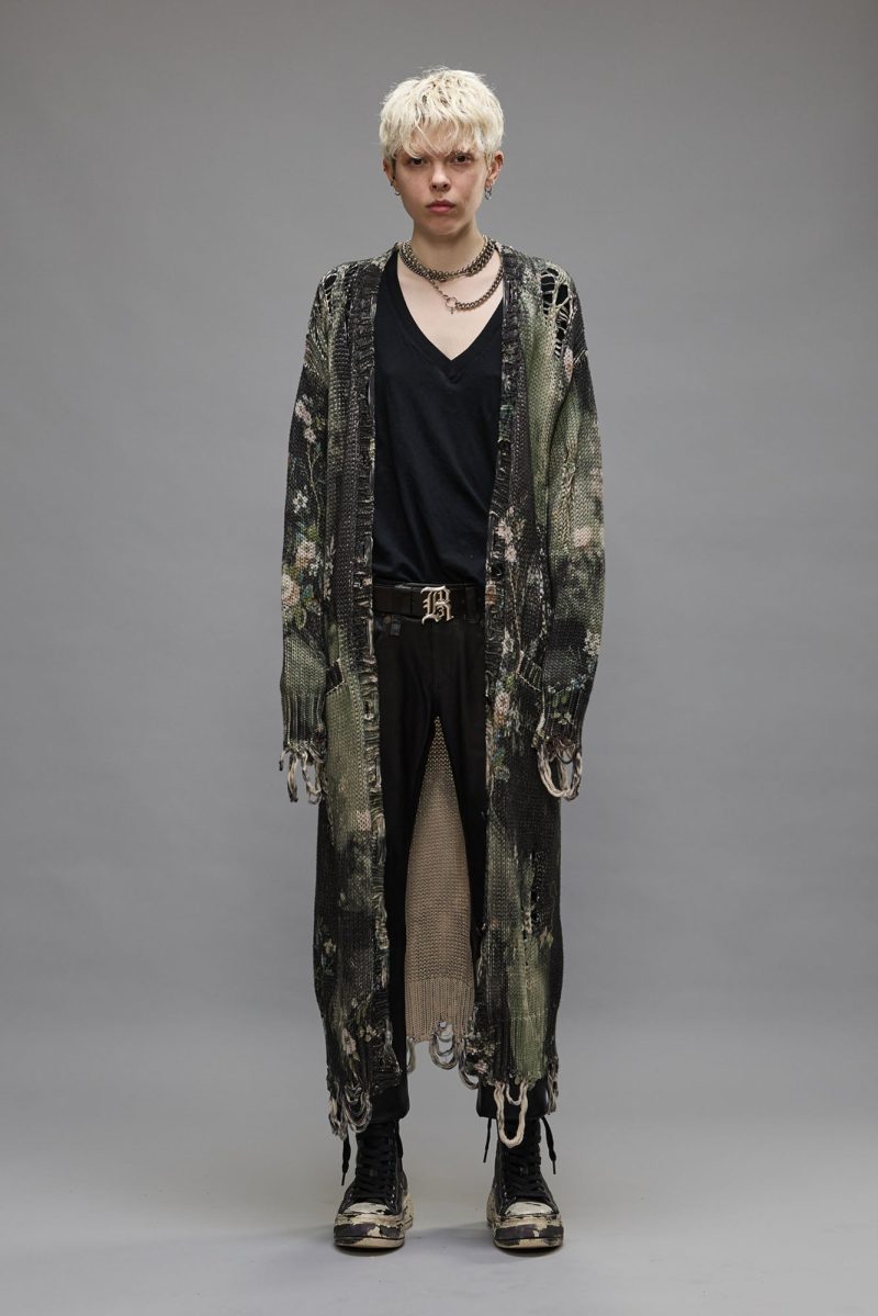 r13 distressed long cardigan bleached black floral 39770526154921