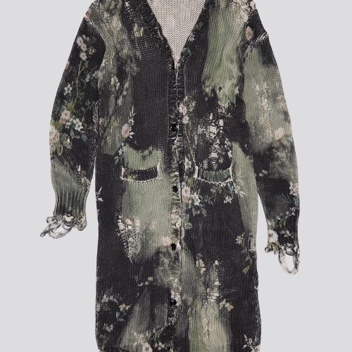 r13 distressed long cardigan bleached black floral 39770526974121