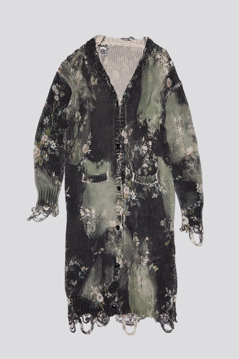 r13 distressed long cardigan bleached black floral 39770526974121