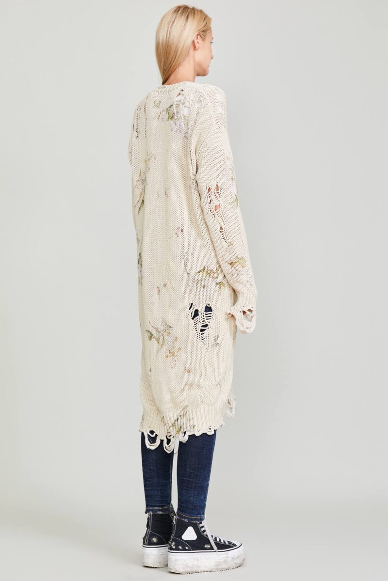 r13 distressed long cardigan floral on khaki 37016573149353