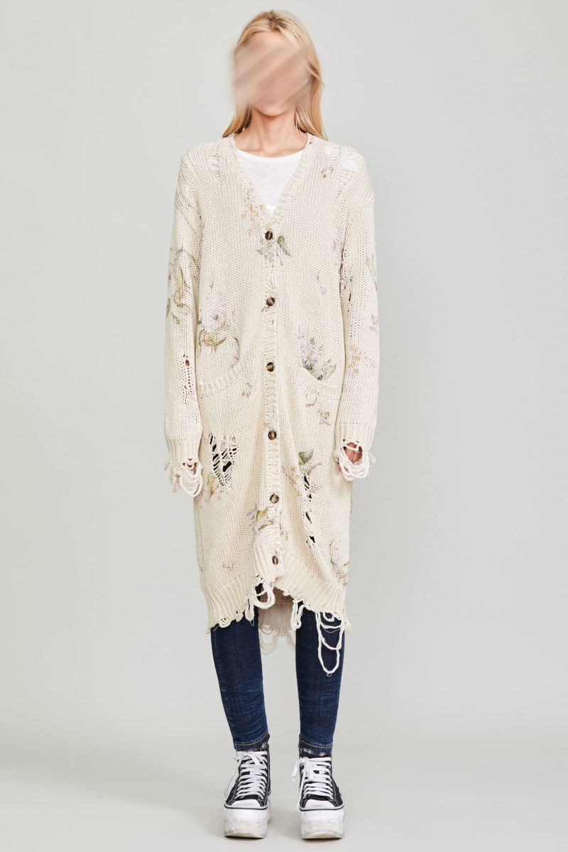 r13 distressed long cardigan floral on khaki 37016578490537