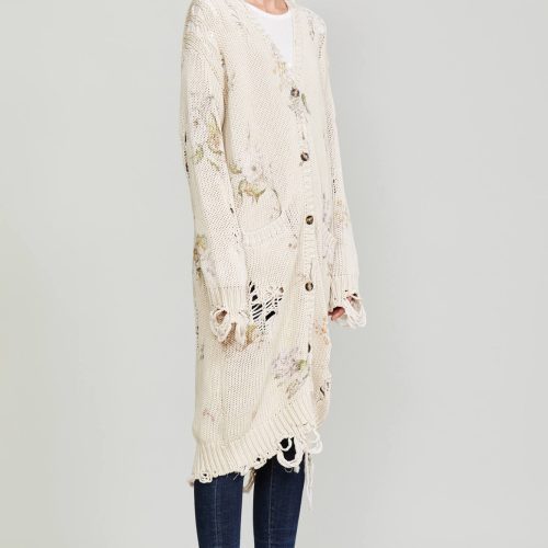 r13 distressed long cardigan floral on khaki 37016578523305