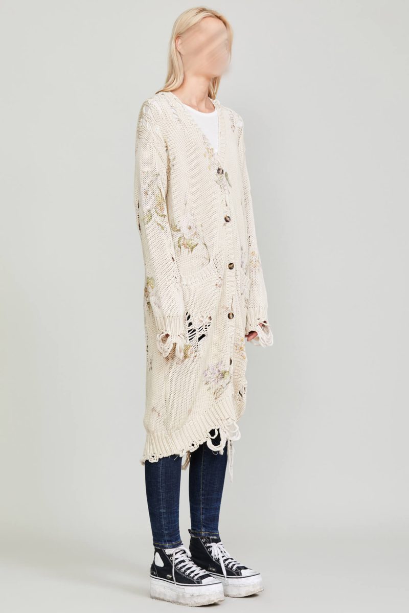 r13 distressed long cardigan floral on khaki 37016578523305