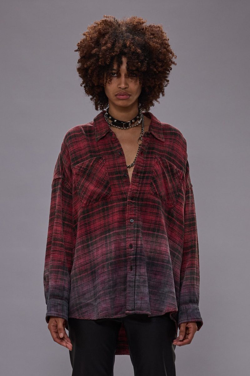 r13 drop neck workshirt dip dye red plaid 41015174496425