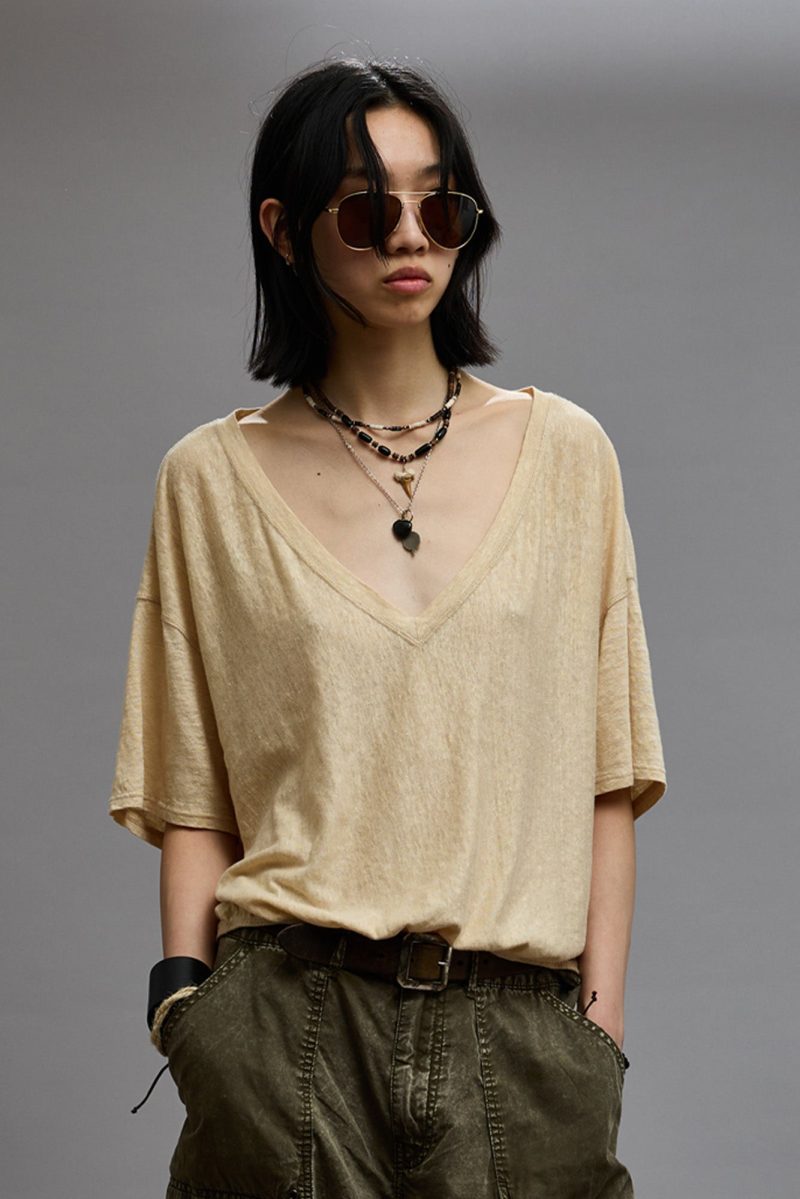 r13 gathered hem v neck tee khaki 38947021947049