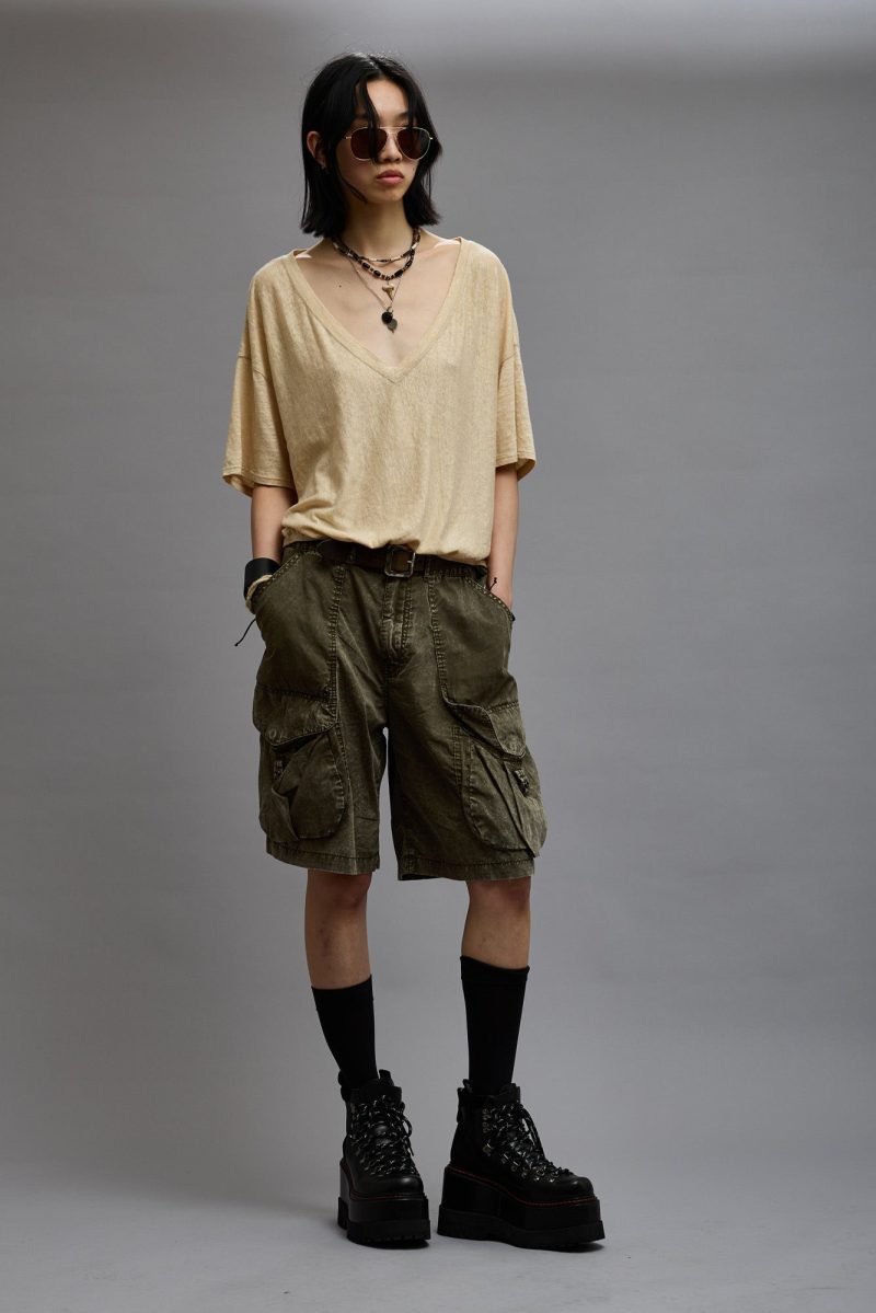 r13 gathered hem v neck tee khaki 38947021979817