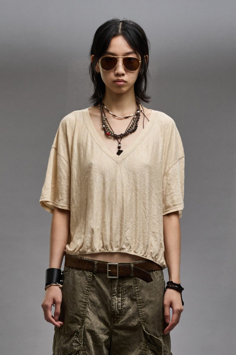 r13 gathered hem v neck tee khaki 38947022012585