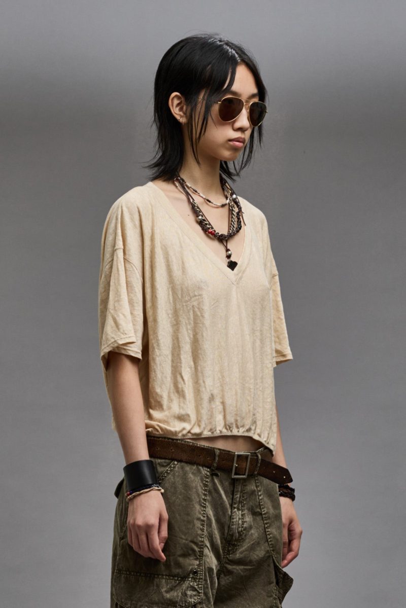 r13 gathered hem v neck tee khaki 38947022045353