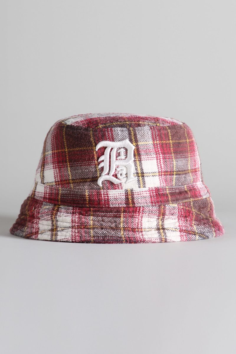 r13 layered bucket hat ecru maroon plaid 36190658166953