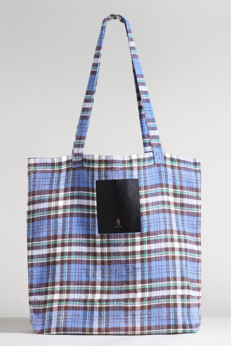 r13 medium tote bag blue green plaid 36190669635753