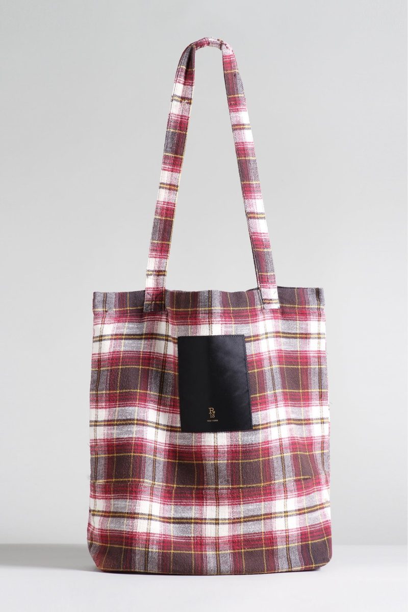 r13 medium tote bag ecru maroon plaid 36190674649257