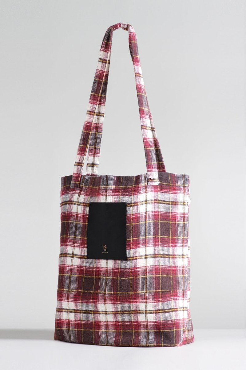 r13 medium tote bag ecru maroon plaid 36190674682025