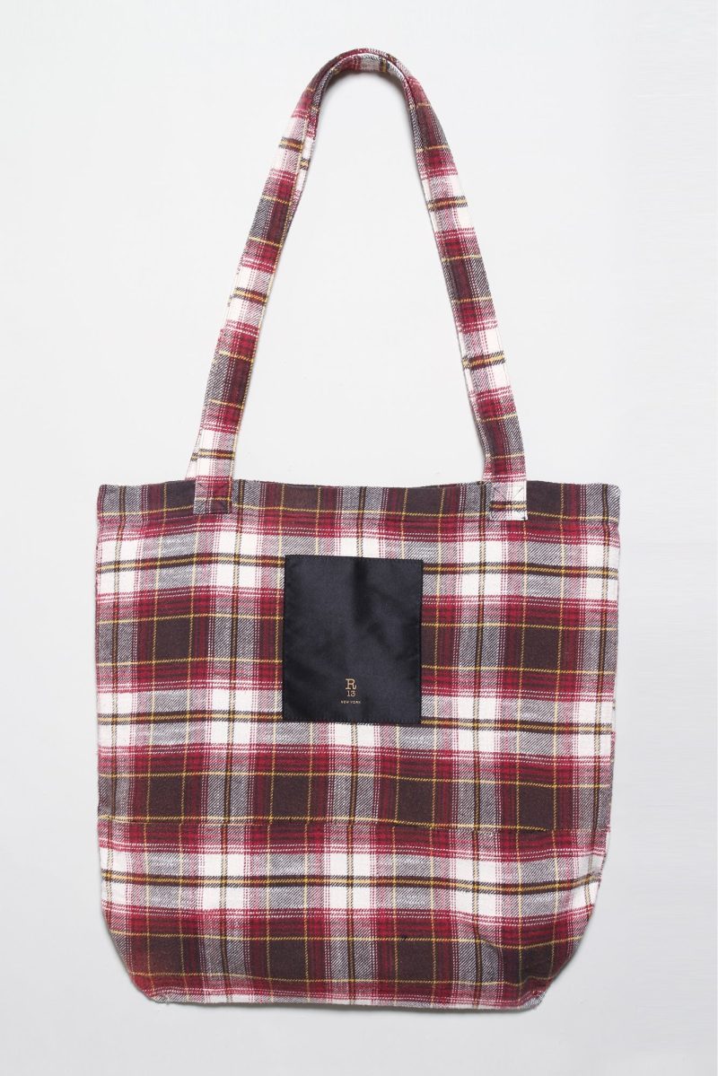 r13 medium tote bag ecru maroon plaid 36190674714793