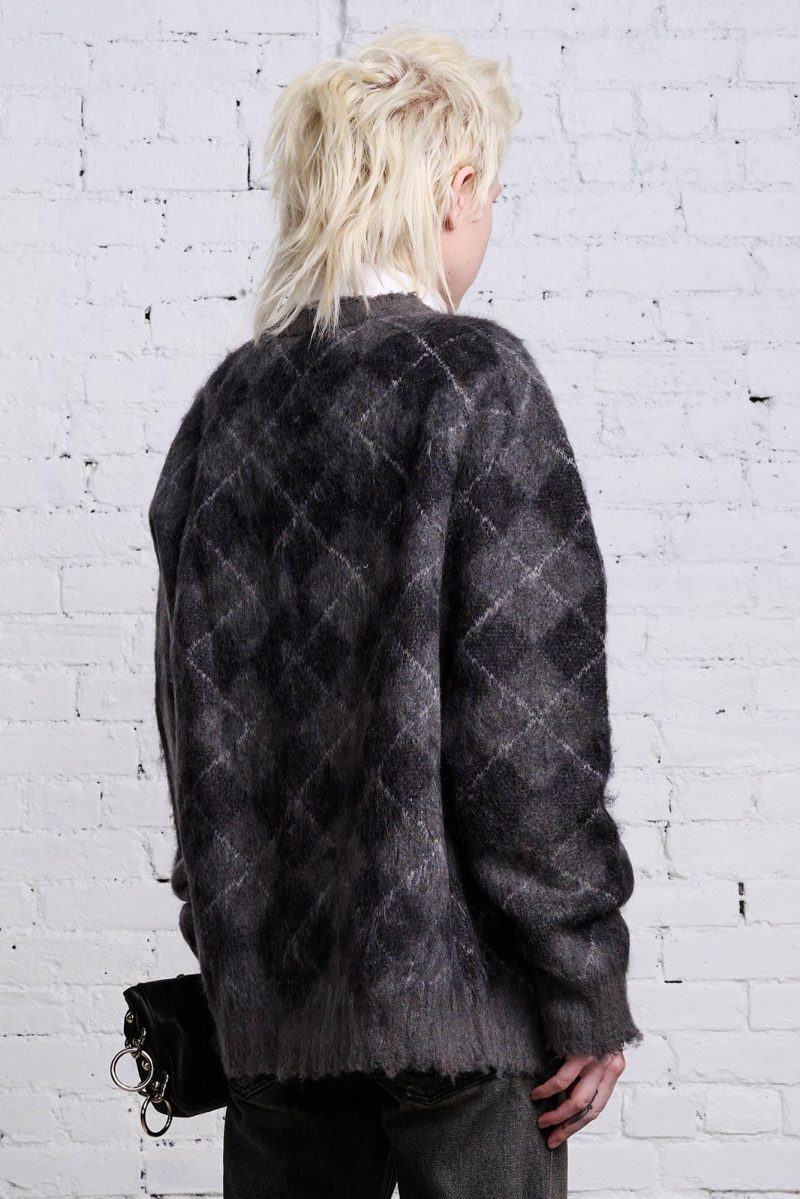 r13 oversized distressed edge cardigan charcoal black argyle 38156756615337