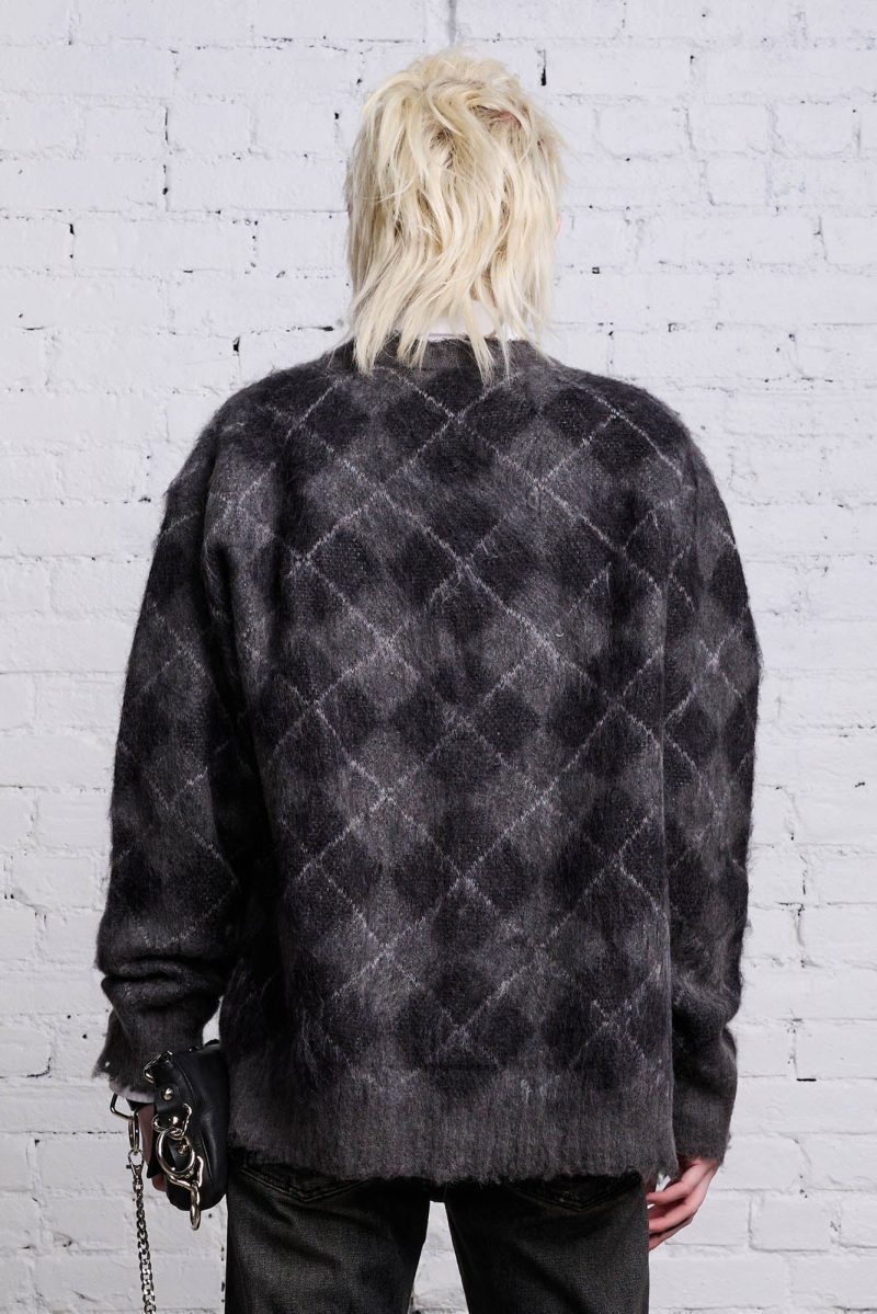 r13 oversized distressed edge cardigan charcoal black argyle 38156756648105