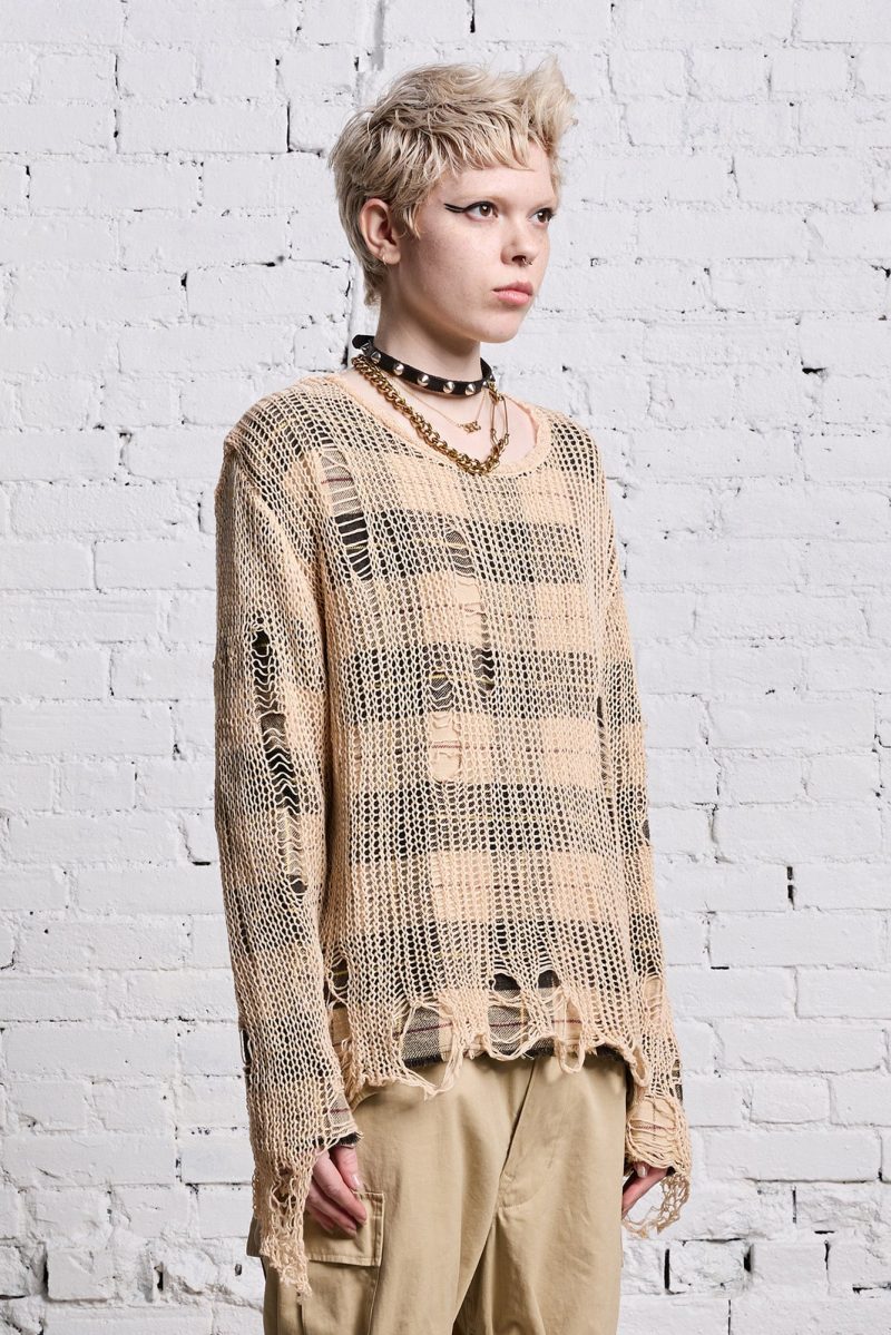 r13 relaxed overlay crewneck cream and black plaid 38642304123049