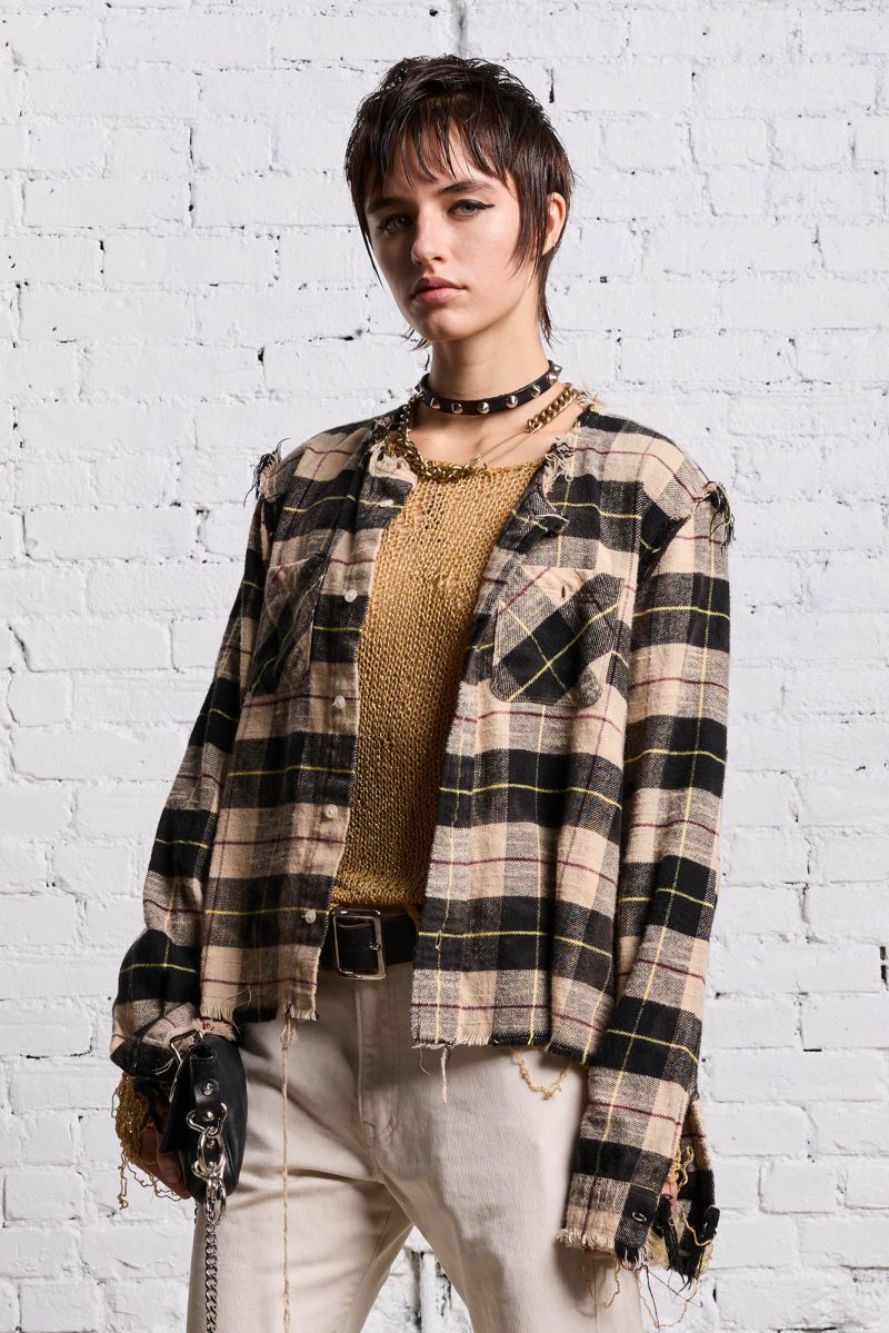 r13 shredded crewneck shirt bleached beige plaid 38642308710569