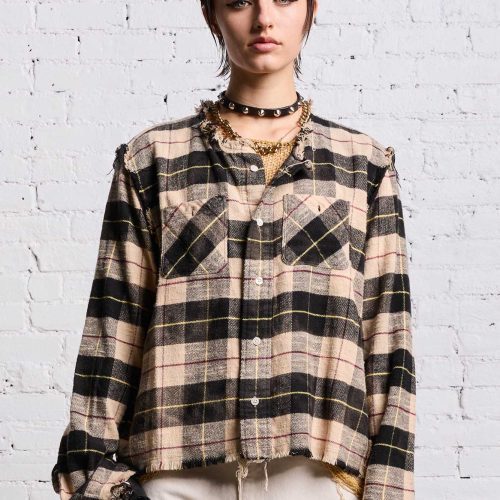 r13 shredded crewneck shirt bleached beige plaid 38642308841641