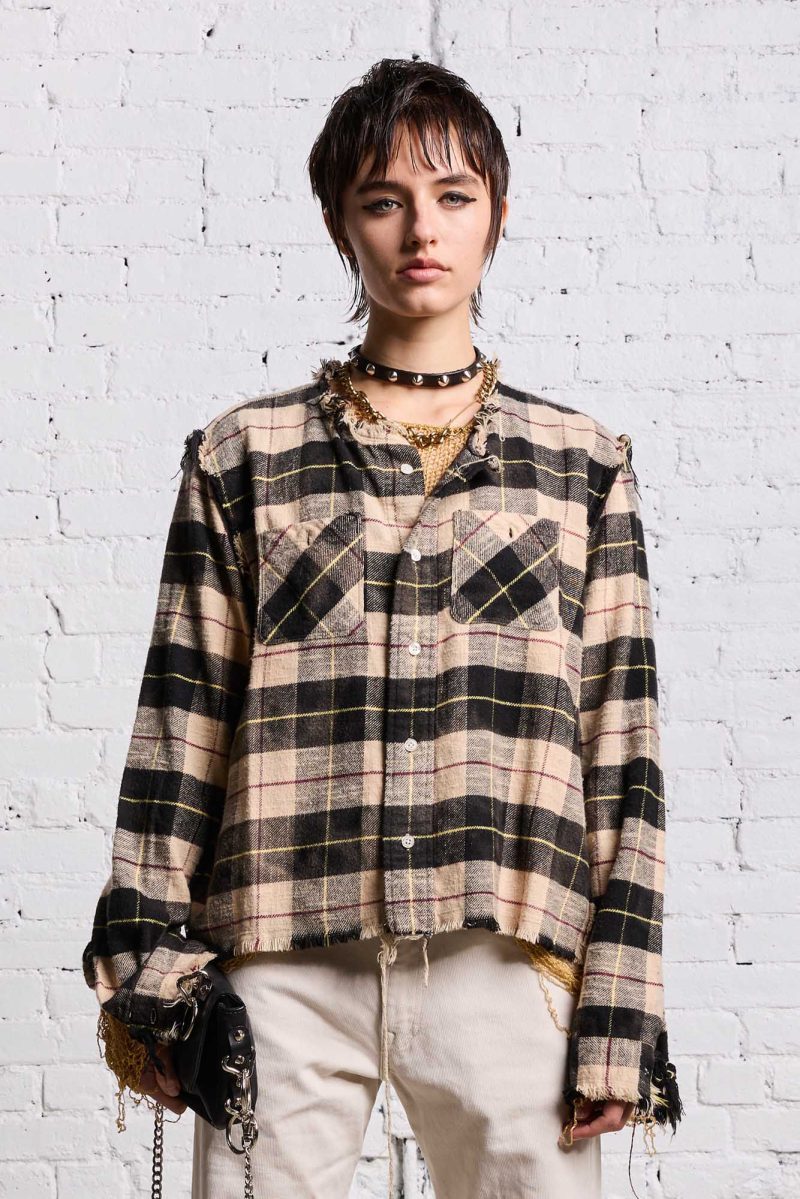 r13 shredded crewneck shirt bleached beige plaid 38642308841641