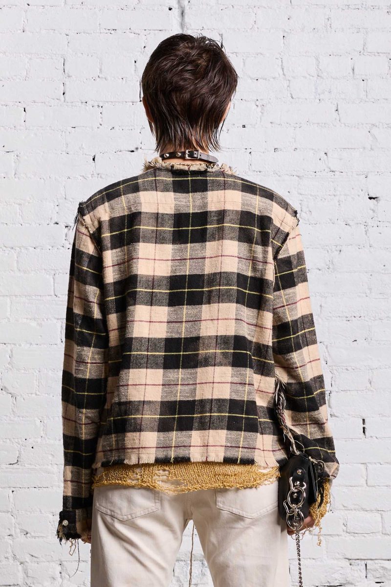 r13 shredded crewneck shirt bleached beige plaid 38642308939945