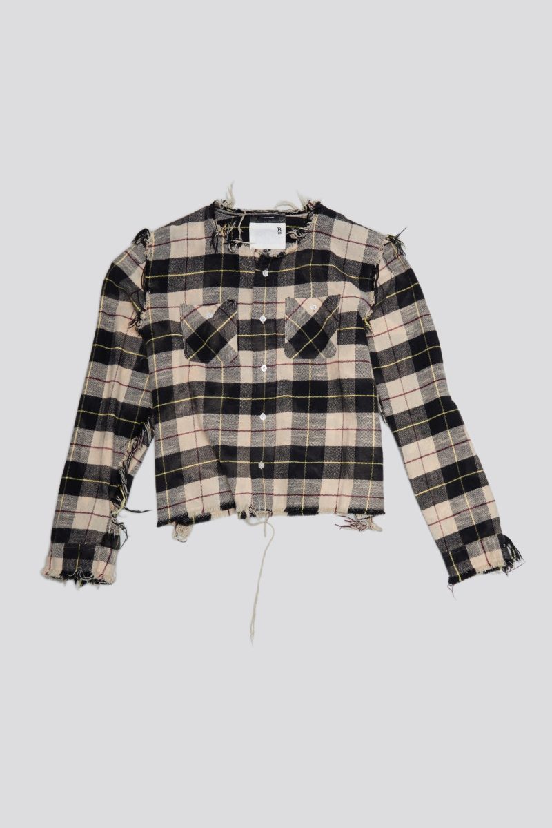 r13 shredded crewneck shirt bleached beige plaid 38642309005481