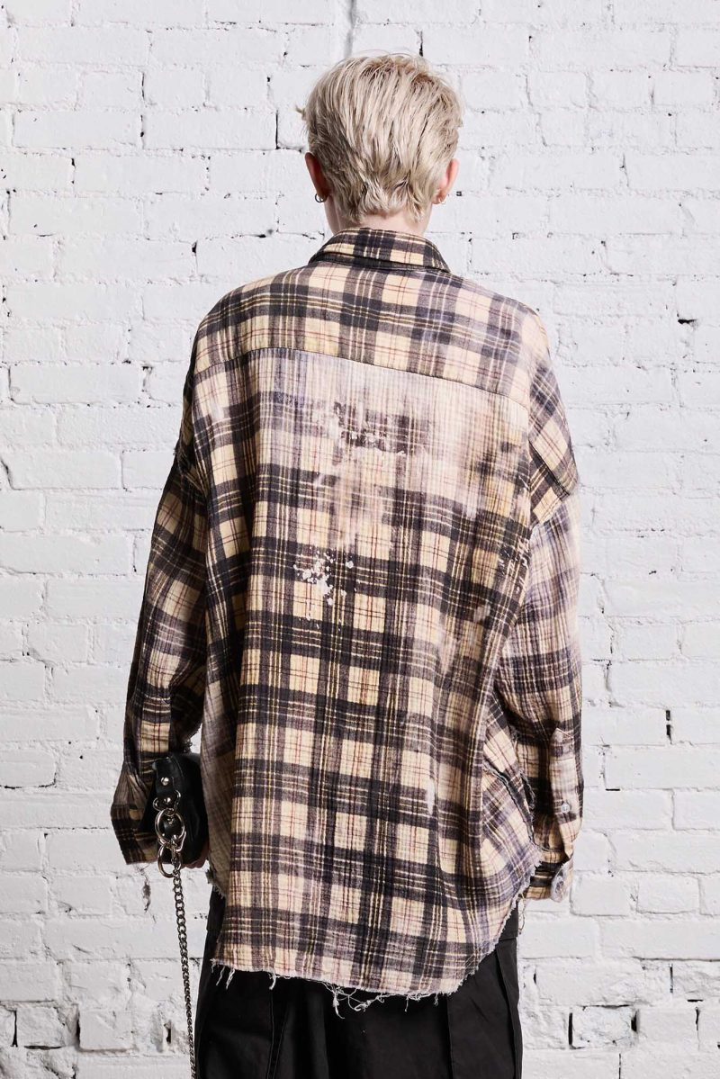 r13 shredded seam drop neck bleach printed plaid 38642307891369