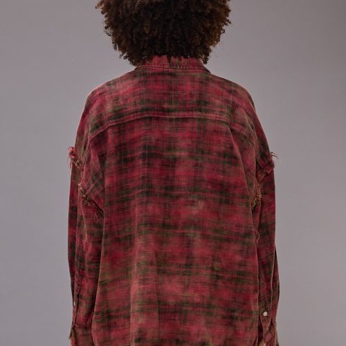 r13 shredded seam drop neck shirt bleached out red plaid 41015675584681