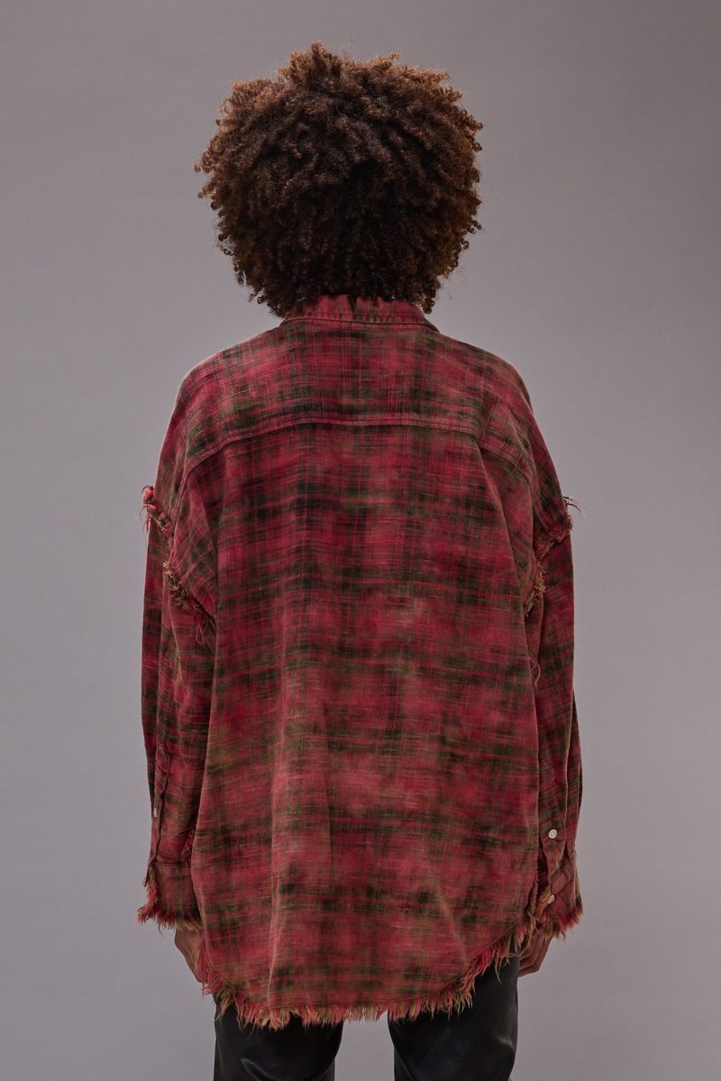 r13 shredded seam drop neck shirt bleached out red plaid 41015675584681