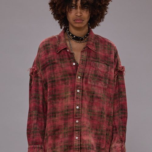 r13 shredded seam drop neck shirt bleached out red plaid 41015675617449