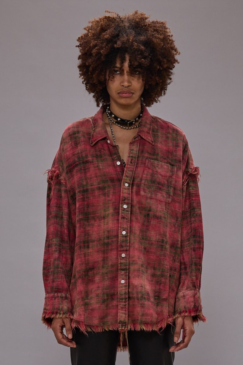 r13 shredded seam drop neck shirt bleached out red plaid 41015675617449