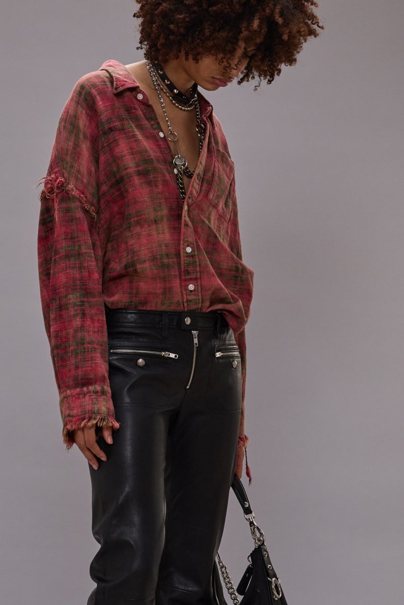 r13 shredded seam drop neck shirt bleached out red plaid 41015693672617