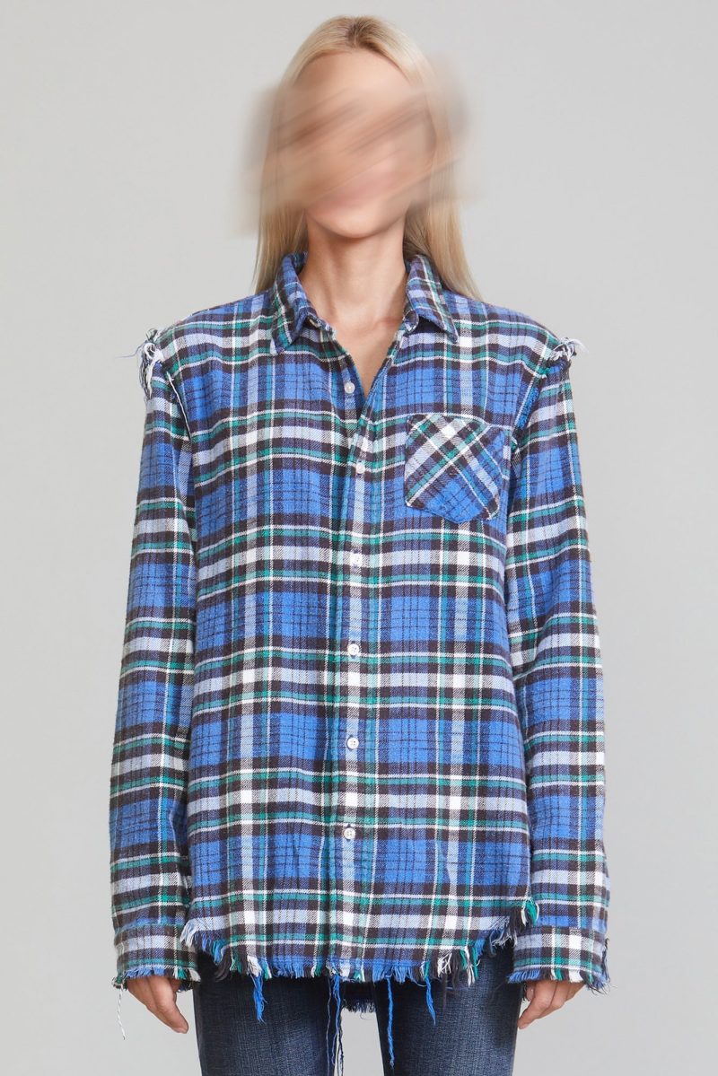 r13 shredded seam shirt blue green plaid 36191060754601