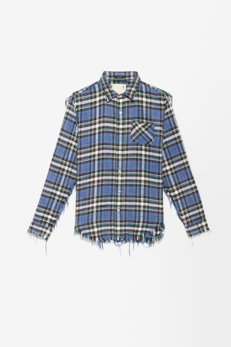 r13 shredded seam shirt blue green plaid 36320298500265