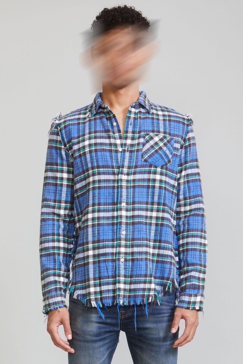 r13 shredded seam shirt blue green plaid 37250903736489