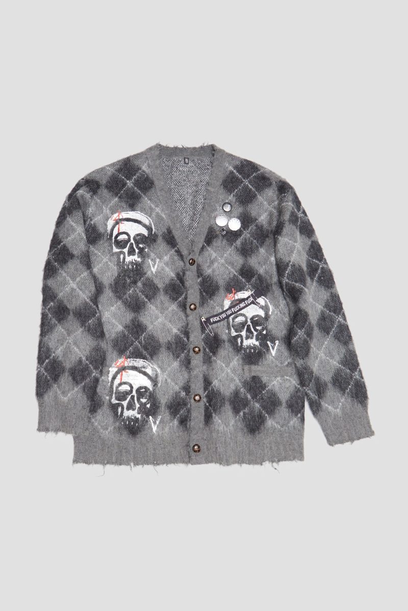 r13 skull print cardigan grey black argyle 38602637508777