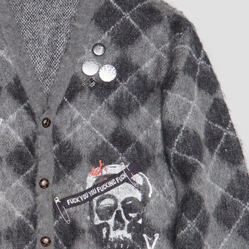 r13 skull print cardigan grey black argyle 38602637574313