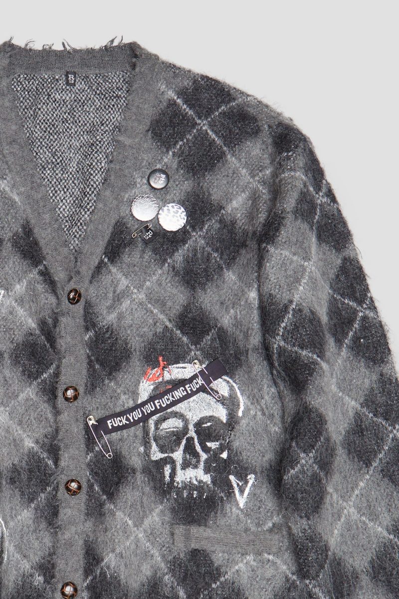 r13 skull print cardigan grey black argyle 38602637574313